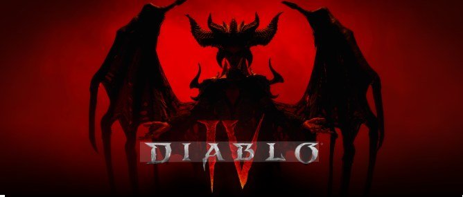 Diablo IV title art with Lilith's demonic winged silhouette against a blood-red sky